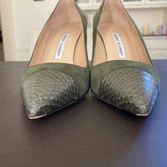 Manolo Blahnik Bipunta Leather Suede Olive Green Pumps Heels IOB EU 37.5 US 7 - Picture 5 of 16